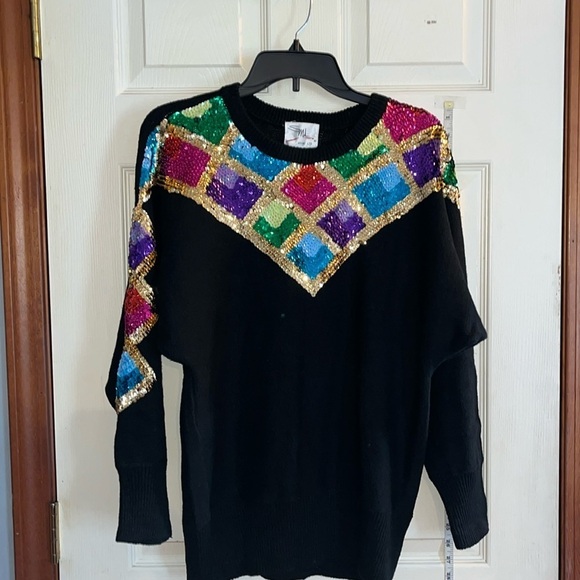 VTG-SML Sport-S-black-Colorful, embellished, sequence, crewneck, knit, sweater. - Picture 1 of 13